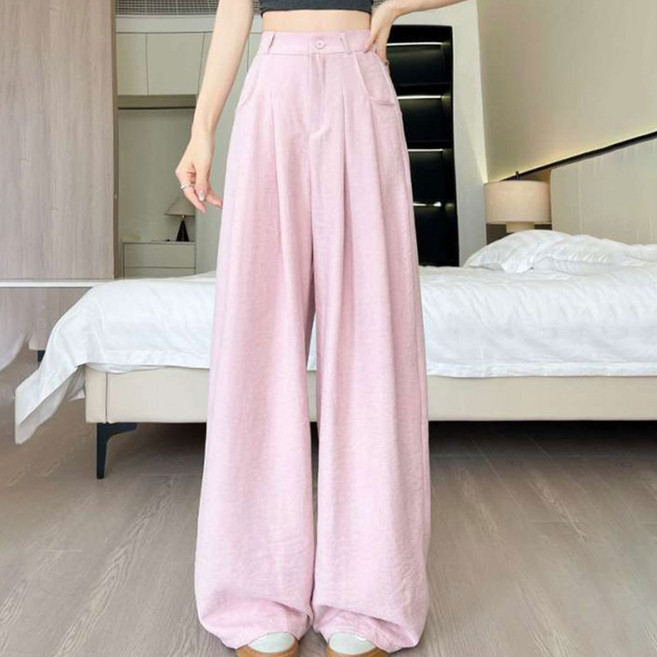 더시럽 여성용 아이스 실크 와이드 핀턱 슬렉스