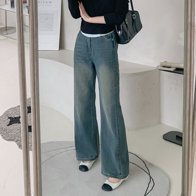 KNIT44 여성용 롱/숏 기장 기본 와이드 데님 팬츠 PJ-8001