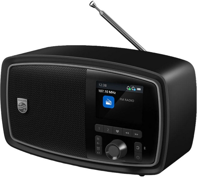 필립스 JANET 레트로 100주년 LCD 디스플레이 센추리 무선 SBC AAC 코덱 수면 타이머 블루투스 FM 라디오, 블랙, TAV2000