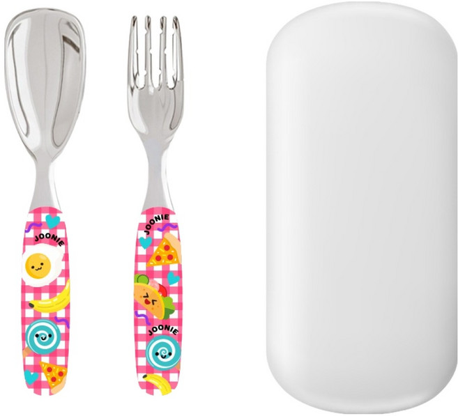 주니 316 올스테인레스 스푼 + 포크 + 케이스 세트, 핑크체크, 1세트