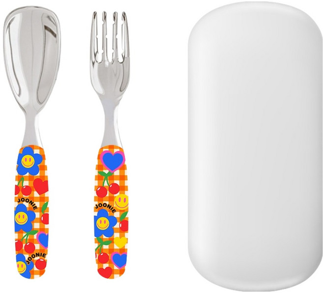 주니 316 올스테인레스 스푼 + 포크 + 케이스 세트, 오렌지 체크, 1세트