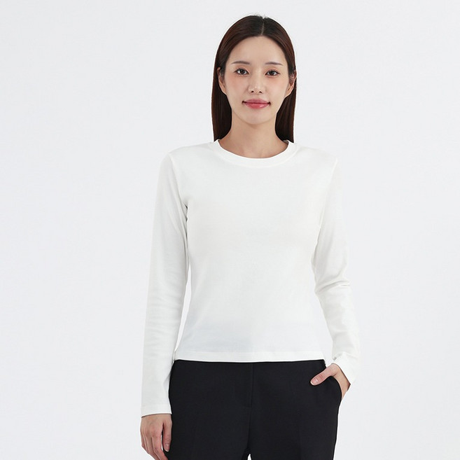 엘쏘 여성용 스포트 면 스판 슬림핏 라운드 심플 무지 데일리 긴팔티셔츠