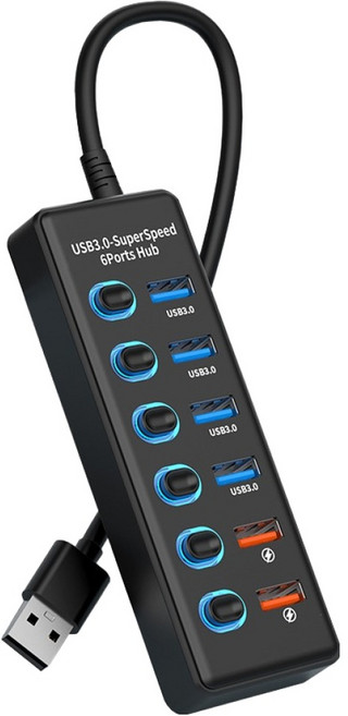 라디온 USB 3.0 유전원 6포트 멀티허브 30cm RUH-642UC, 블랙, 1개