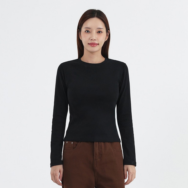 엘쏘 여성용 스포트 면 스판 슬림핏 라운드 심플 무지 데일리 긴팔티셔츠