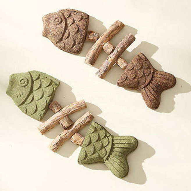 딩동펫 고양이 마따따비 피쉬본 이갈이 장난감 2종 세트, 그린, 브라운, 1세트