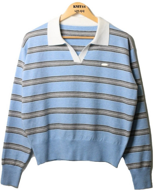 KNIT44 여성용 스트라이프 배색 소망 카라 단가라 긴팔 니트