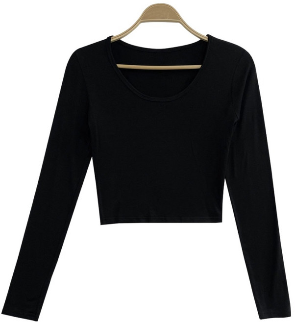 플랜데이 여성용 미뉴 데일리 유넥 쫀쫀 세미크롭 긴팔 티셔츠