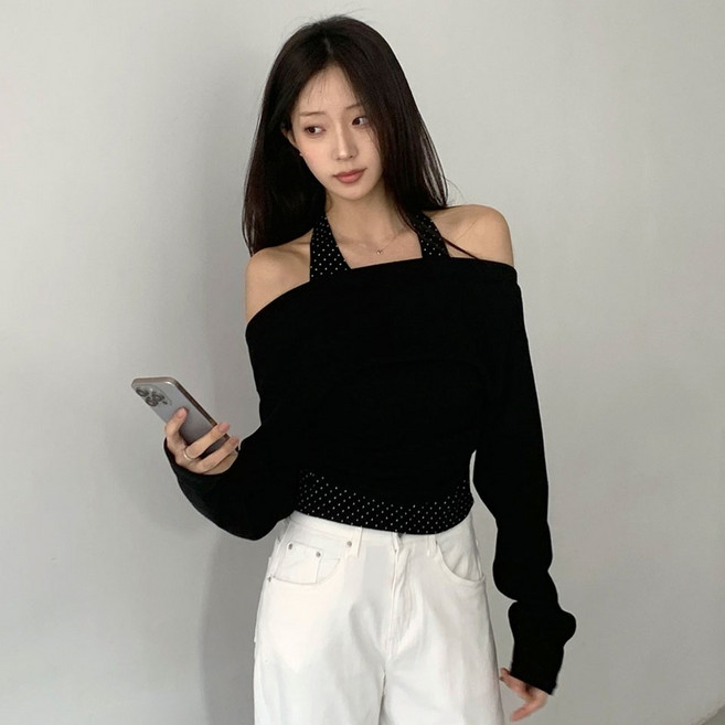 플랜데이 여성용 나브 도트 홀터넥 레이어드 오프숄더 티셔츠