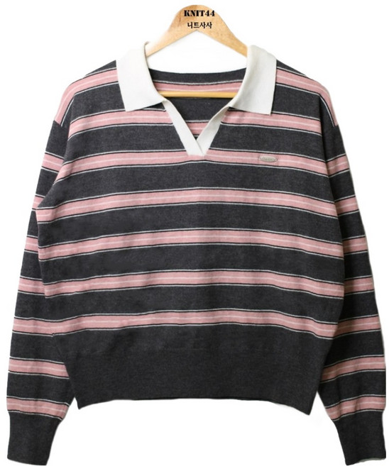 KNIT44 여성용 스트라이프 배색 소망 카라 단가라 긴팔 니트