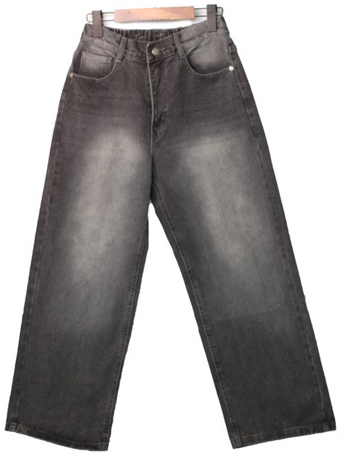 KNIT44 여성용 숏/베이직/롱 기장 워싱 데님 후면부 밴딩 와이드 청바지 PJ-5201