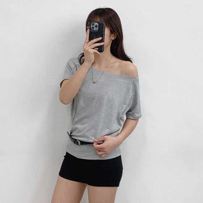 젤루나 여성용 무지 루즈핏 오프숄더 반팔 티셔츠 TH-09