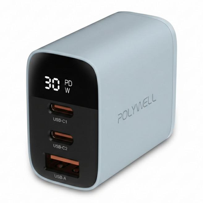 POLYWELL 寶利威爾 三孔PD數位顯示快充頭 30W Type-C 2個 + USB-A PW15-T05-A159, 藍色, 1個