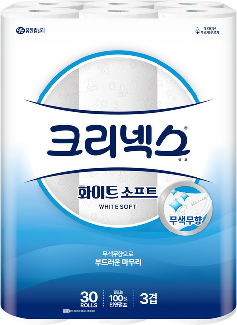 크리넥스 3겹 화이트 소프트 화장지, 1개, 30롤, 30m