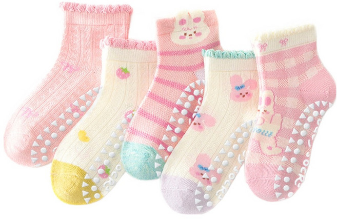 아이뿜 아동용 핑크 토끼 미끄럼방지 메쉬 양말 5종 세트 J97