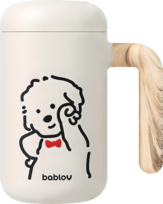 bablov 花伴森 陶瓷內膽附蓋木柄保溫泡茶杯, 修狗印花款, 1個, 460ml