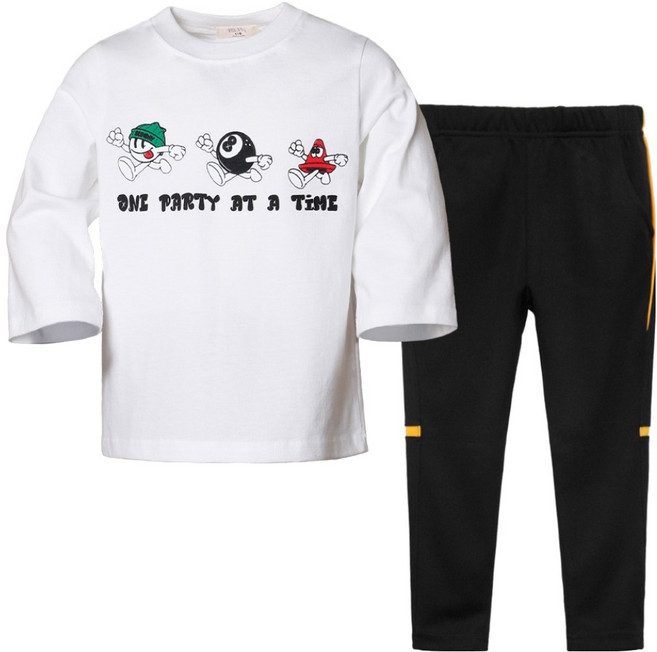 유라비 아동용 티에트 라운드넥 7부 면 티셔츠 + 플레이어 트레이닝 밴딩 팬츠 세트