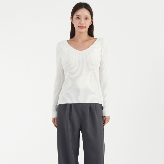 엘쏘 여성용 데일리 간절기 브이넥 골지 슬림핏 이너 긴팔 니트 티셔츠