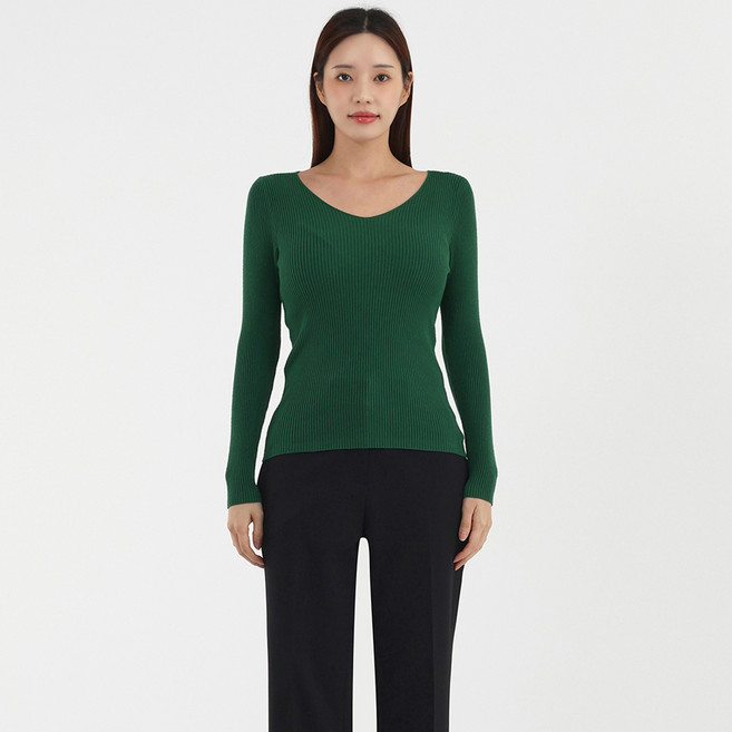 엘쏘 여성용 데일리 간절기 브이넥 골지 슬림핏 이너 긴팔 니트 티셔츠