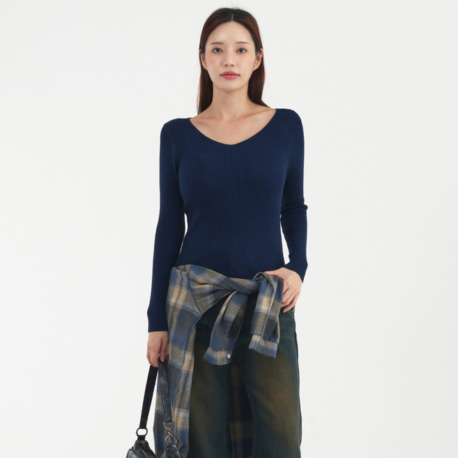 엘쏘 여성용 데일리 간절기 브이넥 골지 슬림핏 이너 긴팔 니트 티셔츠