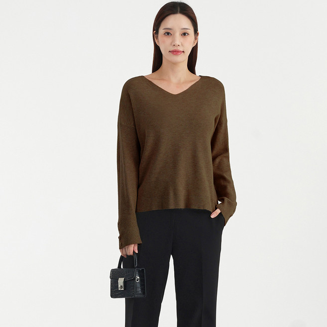 엘쏘 여성용 소매 버튼 브이넥 골지 레귤러핏 이너 긴팔 니트 티셔츠