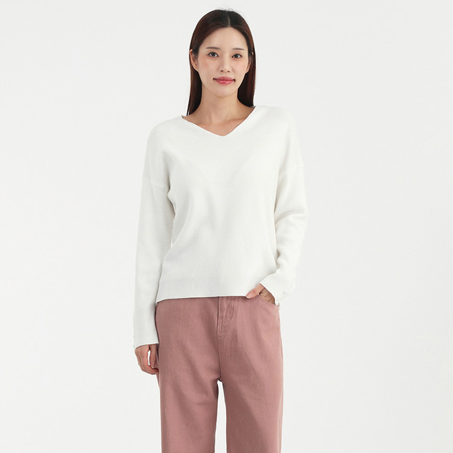 엘쏘 여성용 소매 버튼 브이넥 골지 레귤러핏 이너 긴팔 니트 티셔츠