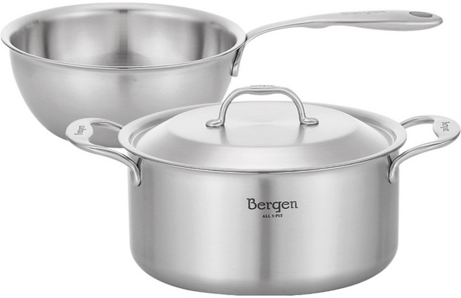 HANIL STAINLESS STEEL 電磁爐用全五層Bergen雙耳鍋 24cm + 宮廷鍋 20cm 套組, 單一顏色, 1套, 雙耳鍋 24cm + 宮廷鍋 20cm