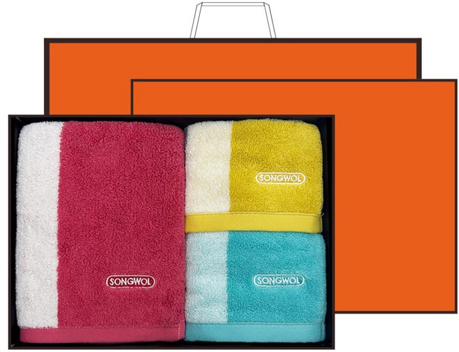 송월타월 컬러웨이 세면타월 180g 30수 코마사 + 핸드타월 55g 30수 코마사 2p + 박스 세트 + 쇼핑백, 오렌지(박스, 쇼핑백), 랜덤발송(세면타월, 핸드타월), 1세트