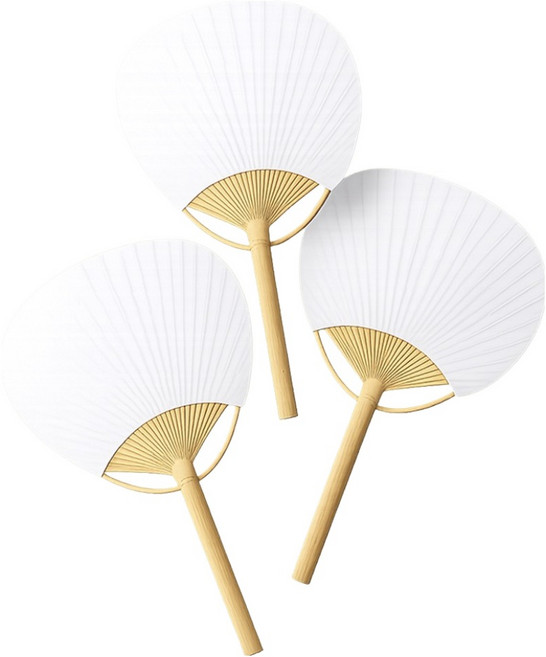 공유 대나무 손잡이 부채, 3개, 흰색