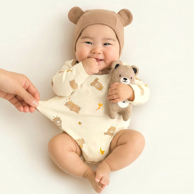 ikii 신생아용 바디수트 긴소매 + 모자 + 인형 세트