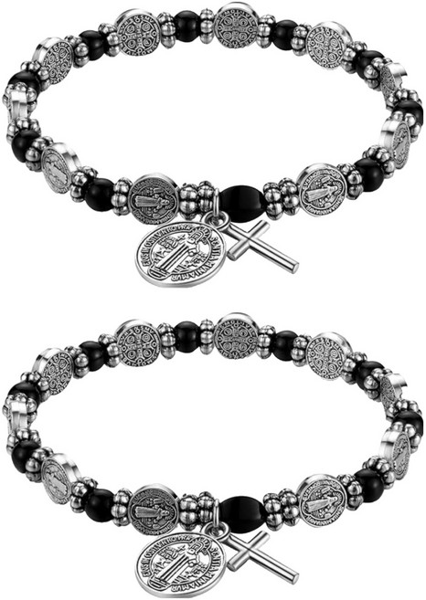 문구담 십자가 천주교 성물 기도용 선물 묵주 팔찌, 실버블랙, 2개