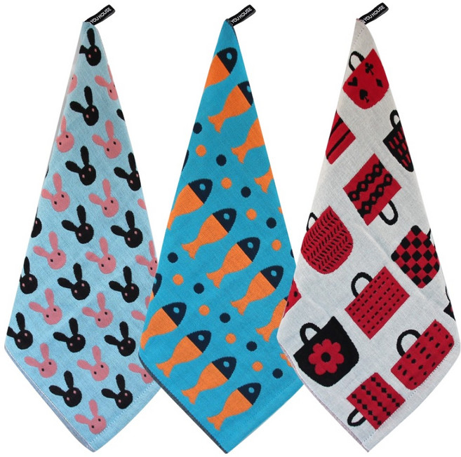 유하우스 북유럽풍 주방타올 3종 세트, 래빗, 피쉬, 쇼핑백레드, 1세트