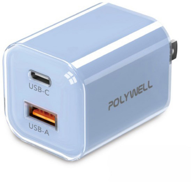 POLYWELL 寶利威爾 30W Dual Port Type-C + USB-A GaN 充電器 PD3.0/QC4.0+/PPS Ice Cube Design BSMI Certified 藍色 PW15-T05-A174