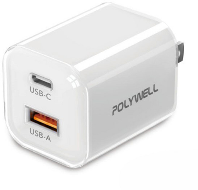 POLYWELL 寶利威爾 30W Dual Port (Type-C + USB-A) 快充頭 充電器 PD GaN Cube Design 白色