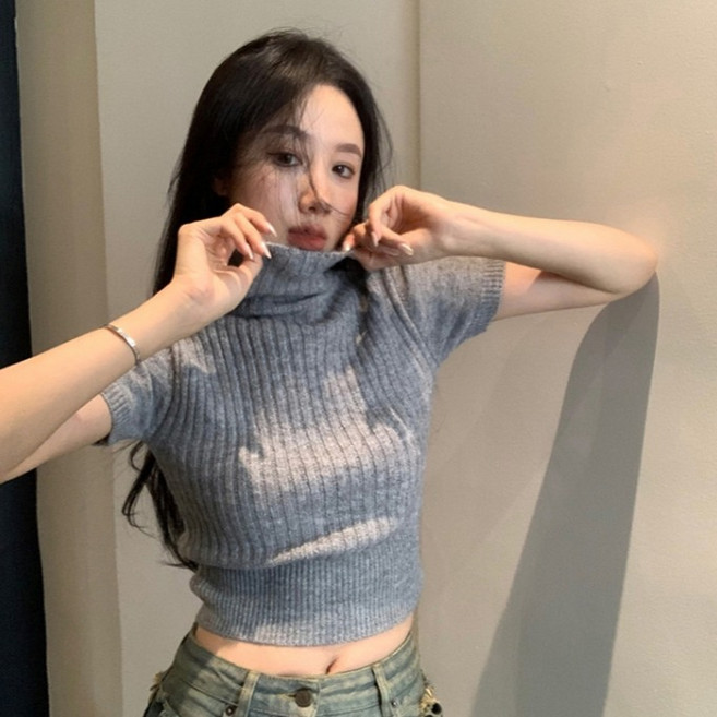 피어니스트 여성용 뉴스파이시 크롭 니트 반팔 목티