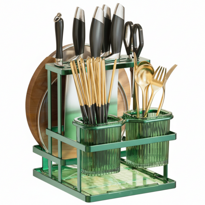 쿠쏘 투명 수저통 칼꽂이 도마 정리선반 20 x 22 x 22 cm, 그린, 1개