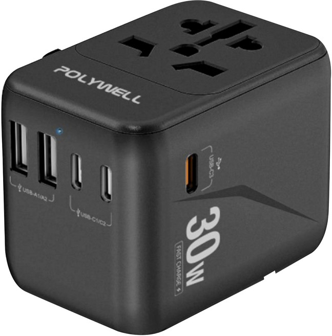 POLYWELL 寶利威爾 多國旅行充電轉接器 30W Type-C 3個 + USB-A 2個 無台灣/北美插頭 PW15-T05-A122, 1個