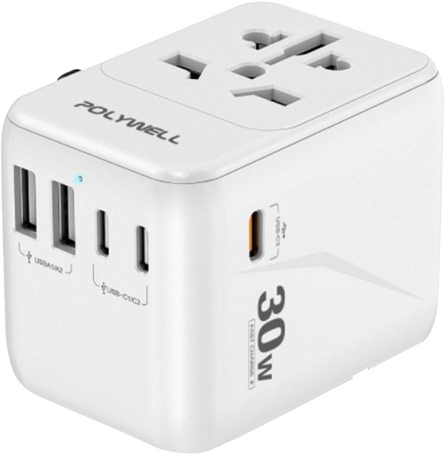 POLYWELL 寶利威爾 多國旅行充電轉接器 30W Type-C 3個 + USB-A 2個 無台灣/北美插頭 PW15-T05-A121, 白色, 1個