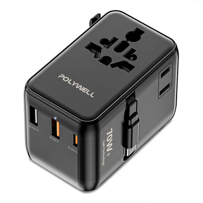 POLYWELL 寶利威爾 多國旅行自帶Type-C線充電轉接頭 70W Type-C + USB-A 2個 PW15-T05-A161, 黑色, 1個