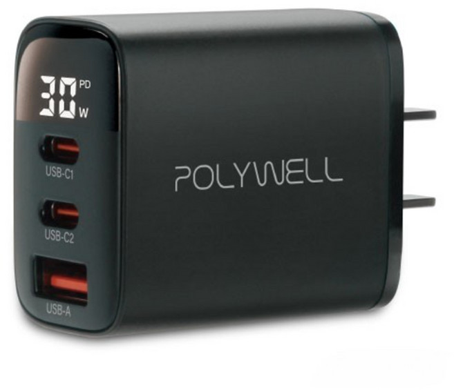 POLYWELL 寶利威爾 30W 3 Ports 數位顯示 充電器 PD快充 PD3.0/QC4.0+/PPS 黑色 PW15-T05-A157