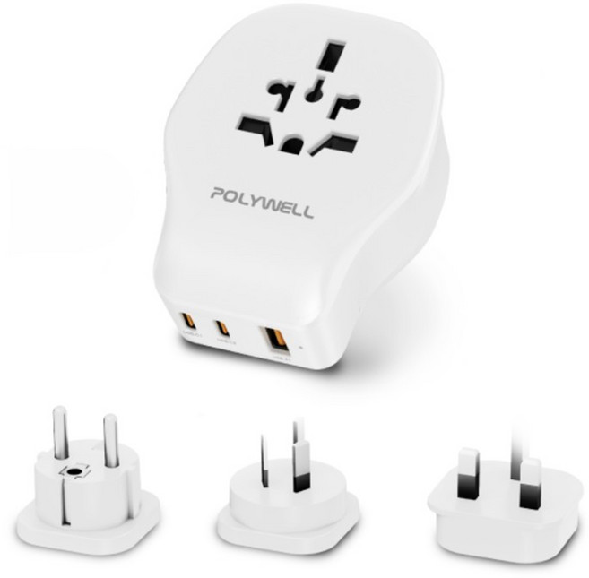 POLYWELL 寶利威爾 替換式萬國轉接頭 20W Type-C 2個 + USB-A 附多國轉接頭 無台灣/北美插頭 PW15-T05-A140, 白色, 1個