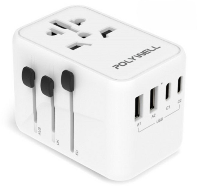 POLYWELL 寶利威爾 多國旅行充電轉接器 70W Type-C 3個 + USB-A 2個 無台灣/北美插頭 PW15-T05-A137, 白色, 1個