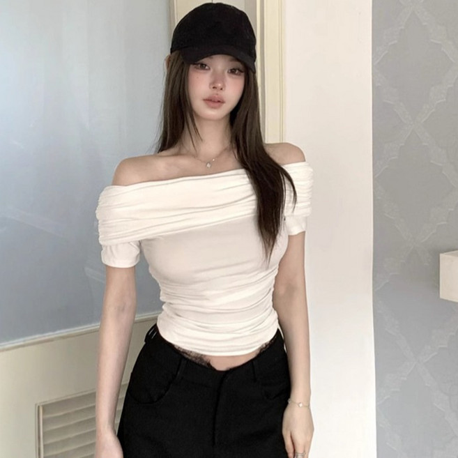 피어니스트 여성용 짧은 오프숄더 라인 반팔 티셔츠