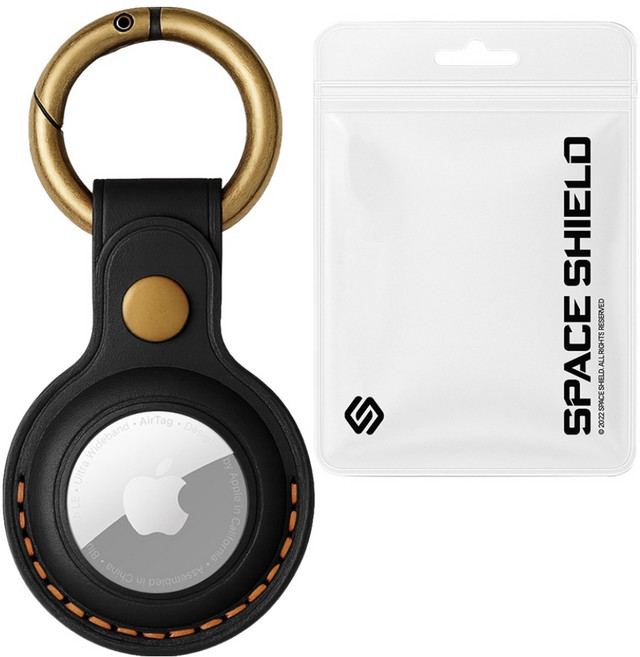 스페이스쉴드 에어태그 호환 분실방지 빈티지 스티치 포우레더 키링 홀더, 블랙, 1개