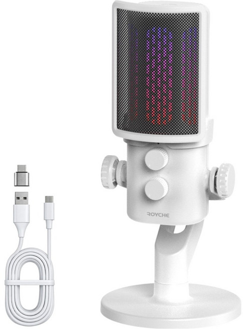 로이체 고감도 사운드 RGB LED 콘덴서 게이밍 유선 스탠드 마이크, 화이트, RCM-G200