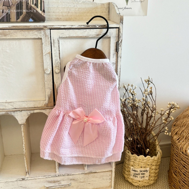 웨이비데이즈 반려동물 비즈 리본 패턴 펫 원피스 W265-0054, 핑크, 1개