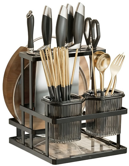 쿠쏘 투명 수저통 칼꽂이 도마 정리선반 20 x 22 x 22 cm, 블랙, 1개