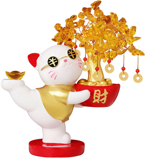 摩達客 開運招財超萌療癒擺飾 新年春節好運風水, 瑜珈招財貓黃水晶發財樹