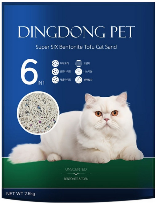 딩동펫 고양이 수퍼 식스 벤토나이트 두부 모래, 2.5kg, 1개, 무향