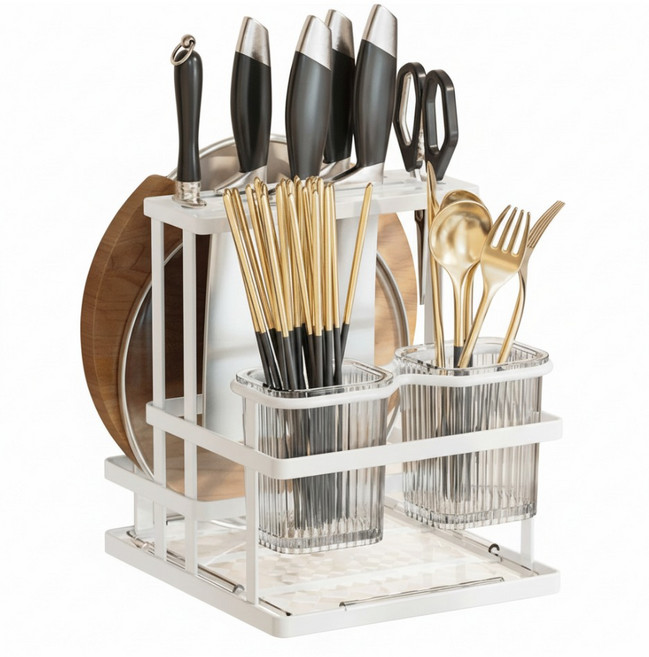 쿠쏘 투명 수저통 칼꽂이 도마 정리선반 20 x 22 x 22 cm, 화이트, 1개