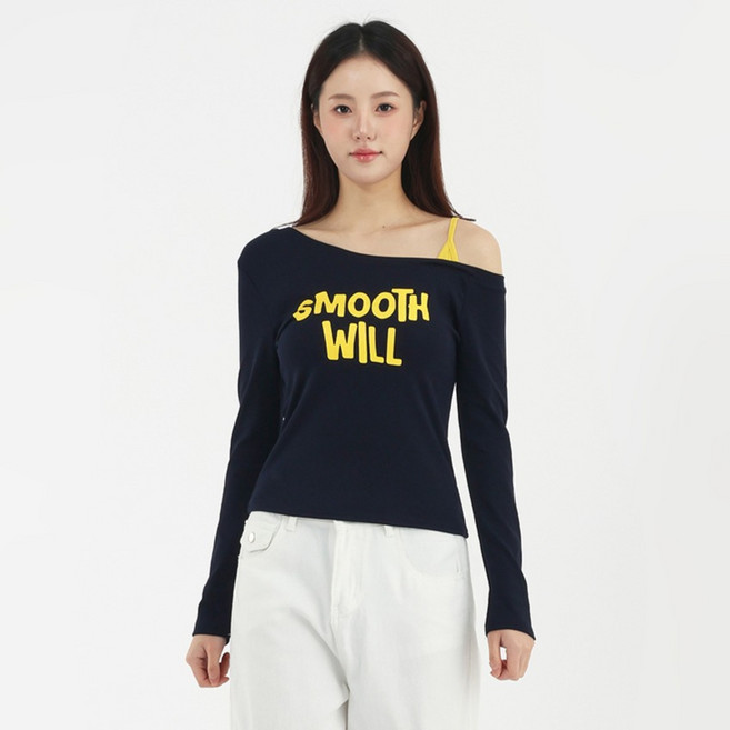 엘쏘 여성용 스무드 레터링 원숄더 오픈 세미크롭 긴팔 티셔츠